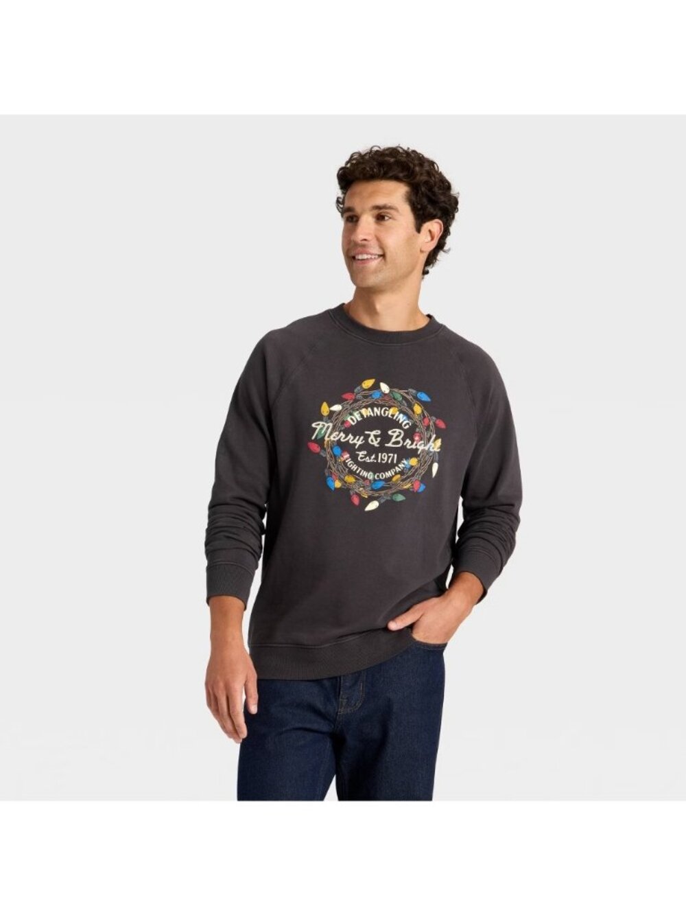 Goodfellow Sweatershirt Mens Small Black Vintage French Terry Merry CrewNeck